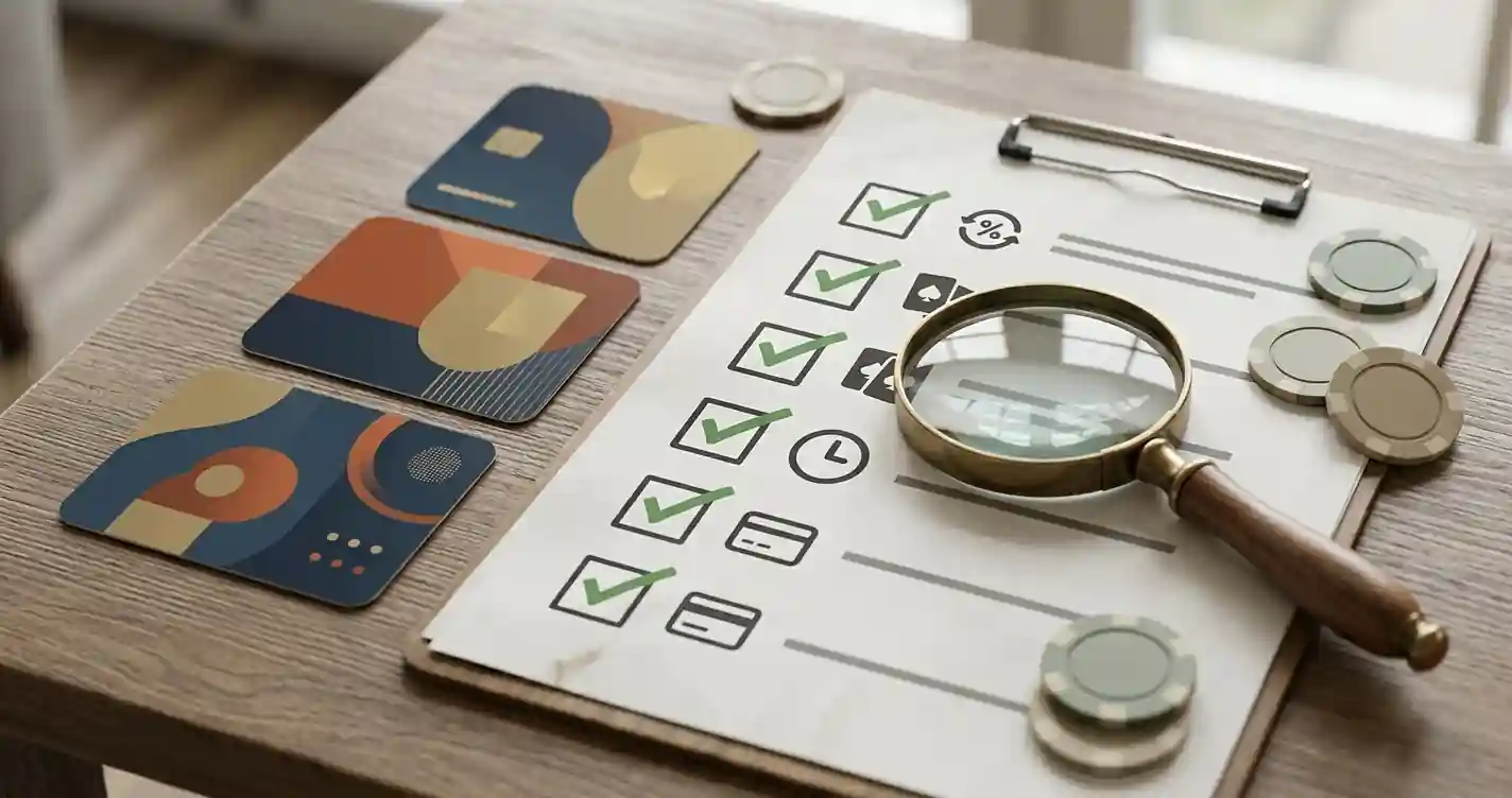Illustratie van een driedelig welkomstpakket met een checklist voor bonusvoorwaarden