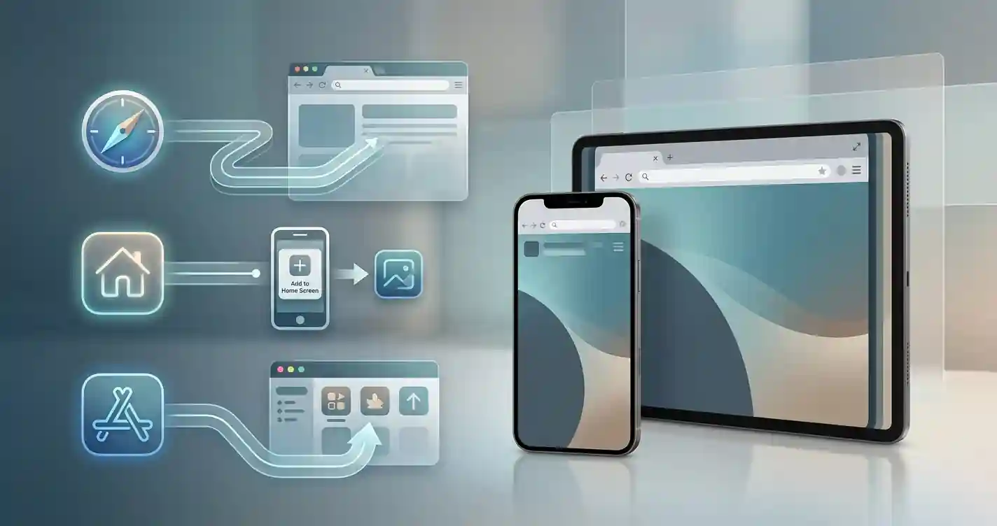 Redactionele illustratie van smartphone en tablet met drie onderscheiden mobiele routes: browser, beginscherm/PWA en afzonderlijke app-storecontrole