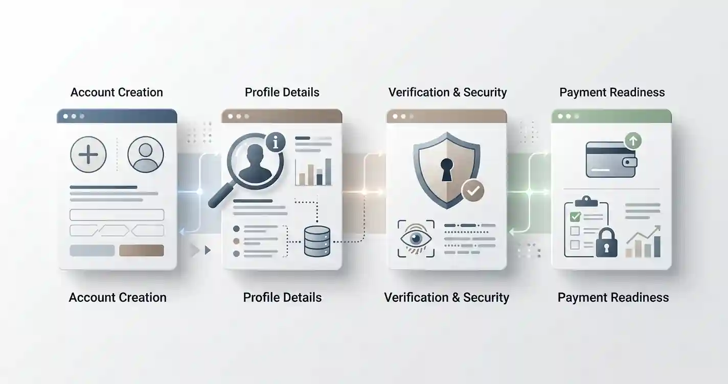 Redactionele illustratie van een accountproces van registratie via accountcontrole naar verificatie en betalen zonder specifieke documentnamen
