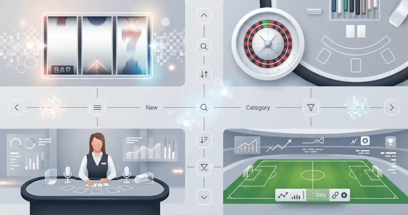 Neutrale mozaïekillustratie van slots, tafelspellen, live dealer en sportweddenschappen