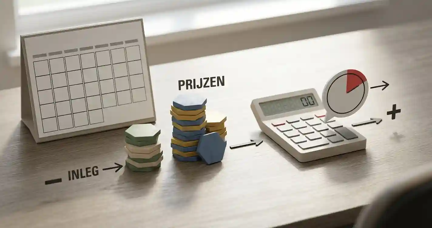 Redactionele kalendermaand illustratie met inzet, prijsresultaat en een afzonderlijke belastingberekening zonder merklogo of echte formulieren