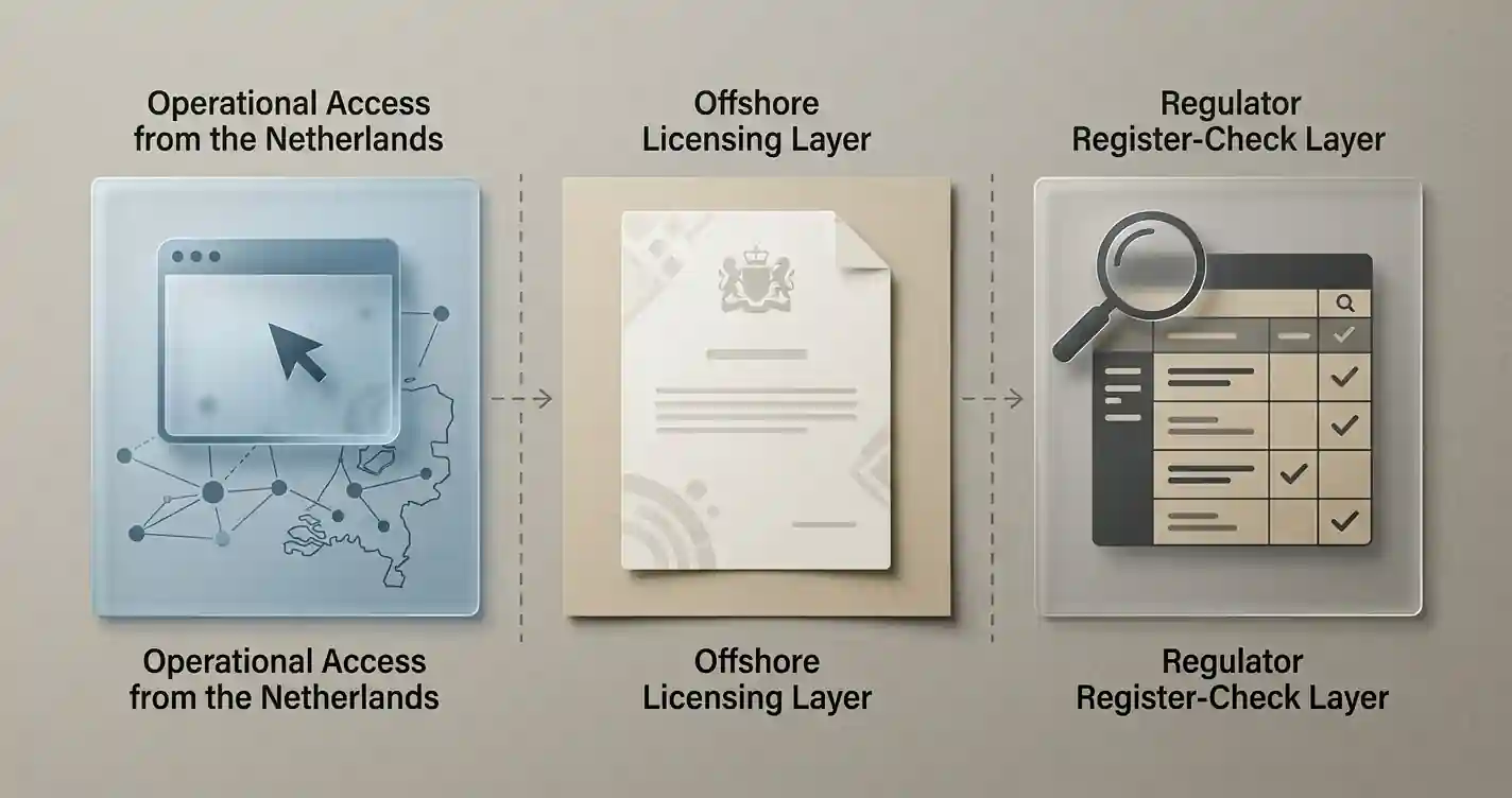 Redactioneel diagram met drie gescheiden lagen voor Nederlandse toegang, Anjouan licentiejurisdictie en Ksa KOA registerstatus