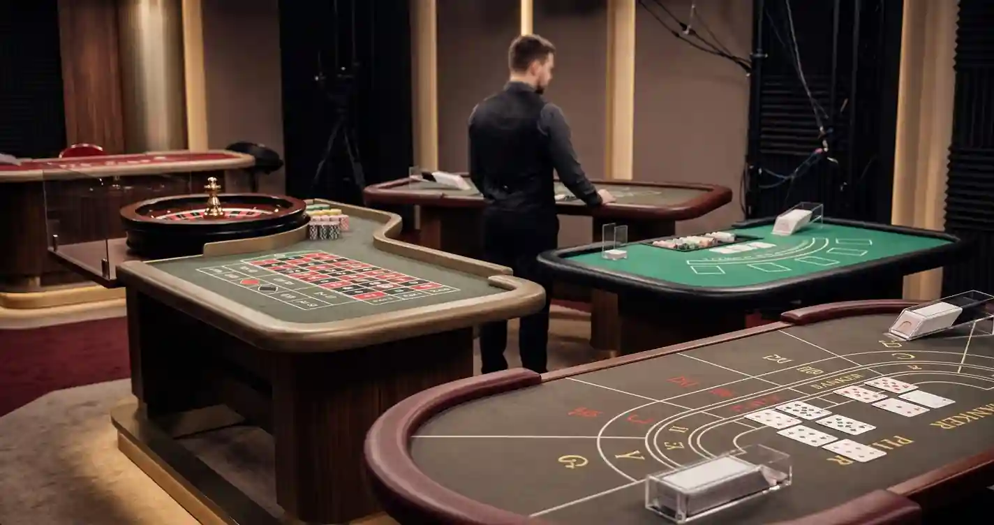 Redactionele illustratie van een live dealer tafel met roulette, blackjack en baccarat als generieke spelvormen